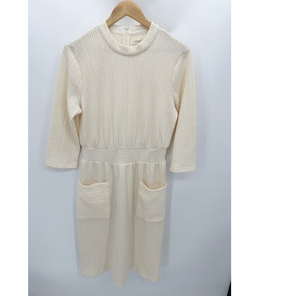 Roolee‎ Women Cream Textured Knit Midi Dress Long Sleeve Patch Pocket Medium